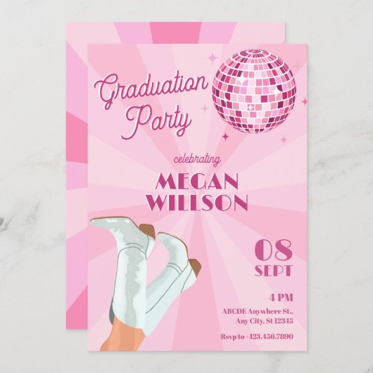 Roze groovy laarzen discobal afstudeerfeest kaart (Voorkant / Achterkant)