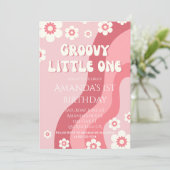 Roze Groovy One 70s Meisje Retro 1e Verjaardag Kaart (Staand voorkant)