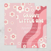 Roze Groovy One 70s Meisje Retro 1e Verjaardag Kaart (Voorkant / Achterkant)