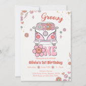 Roze Groovy One Retro 1e Verjaardag Uitnodiging (Voorkant)