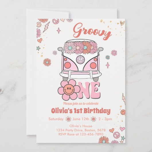 Roze Groovy One Retro 1e Verjaardag Uitnodiging (Voorkant)