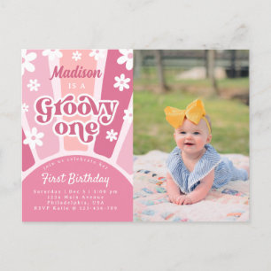 Roze Groovy One Retro 70s Girls Foto Birthday Briefkaart