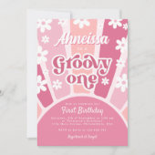 Roze Groovy One Retro Rainbow Daisy First Birthday Kaart (Voorkant)