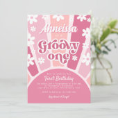 Roze Groovy One Retro Rainbow Daisy First Birthday Kaart (Staand voorkant)
