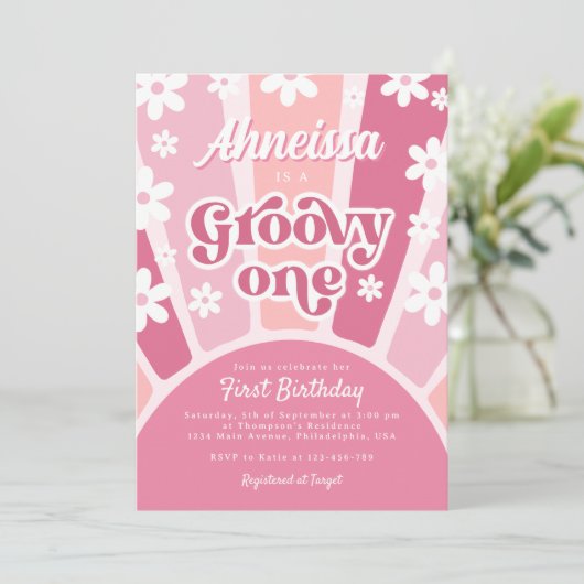 Roze Groovy One Retro Rainbow Daisy First Birthday Kaart (Staand voorkant)