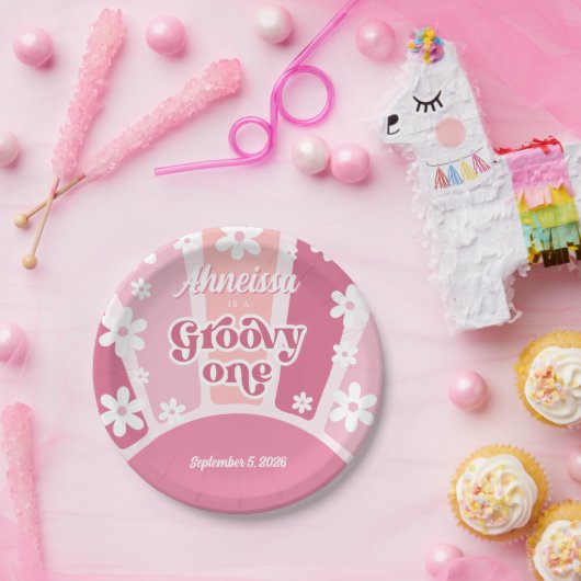 Roze Groovy One Retro Rainbow Daisy First Birthday Papieren Bordje (Feest)