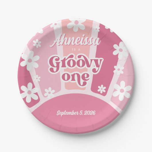 Roze Groovy One Retro Rainbow Daisy First Birthday Papieren Bordje (Voorkant)