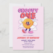 Roze Groovy One Retro Zon Eerste Verjaardag Kaart (Voorkant)