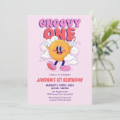 Roze Groovy One Retro Zon Eerste Verjaardag Kaart (Staand voorkant)