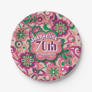 Roze Groovy Psychedelic 60s 70s Bloemen Verjaardag Papieren Bordje