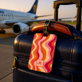 Roze Groovy Retro Golven Monogram Gepersonaliseerd Bagagelabel