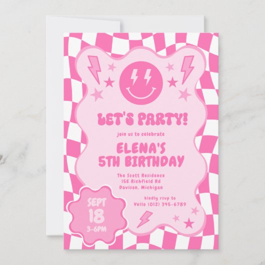 Roze Groovy Smile Face Retro Verjaardag Kaart (Voorkant)