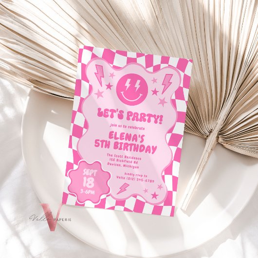 Roze Groovy Smile Face Retro Verjaardag Kaart