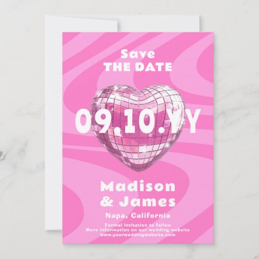 Roze Groovy Trendy Moderne Disco Hart Foto Save The Date (Voorkant)