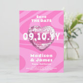 Roze Groovy Trendy Moderne Disco Hart Foto Save The Date (Staand voorkant)