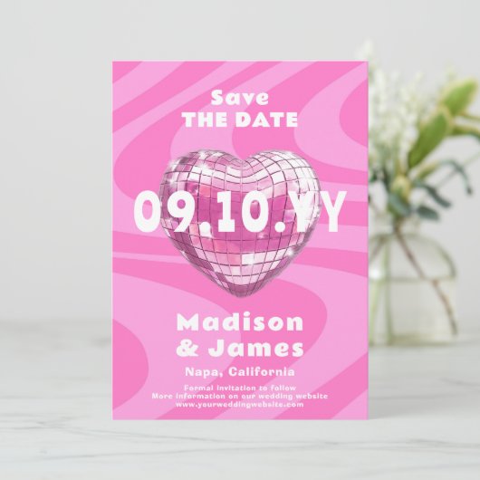 Roze Groovy Trendy Moderne Disco Hart Foto Save The Date (Staand voorkant)