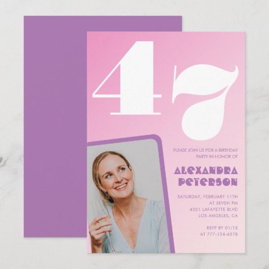 Roze groovy uitnodigingen 47e verjaardag Retro fot (Voorkant / Achterkant)