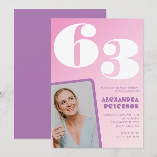 Roze groovy uitnodigingen 63e verjaardag Retro fot (Voorkant / Achterkant)