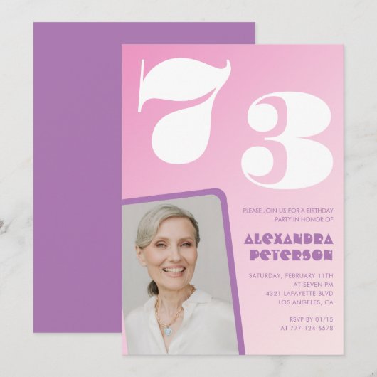 Roze Groovy uitnodigingen 73ste verjaardag Retro F (Voorkant / Achterkant)
