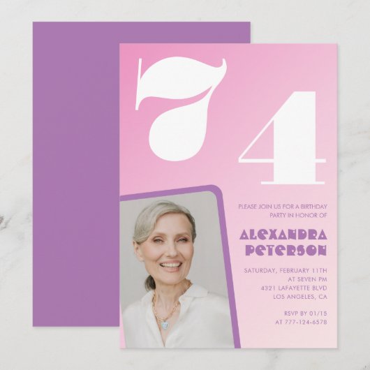 Roze groovy uitnodigingen 74ste verjaardag Retro f (Voorkant / Achterkant)