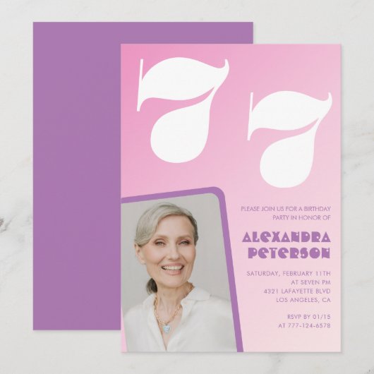 Roze groovy uitnodigingen 77ste verjaardag Retro f (Voorkant / Achterkant)