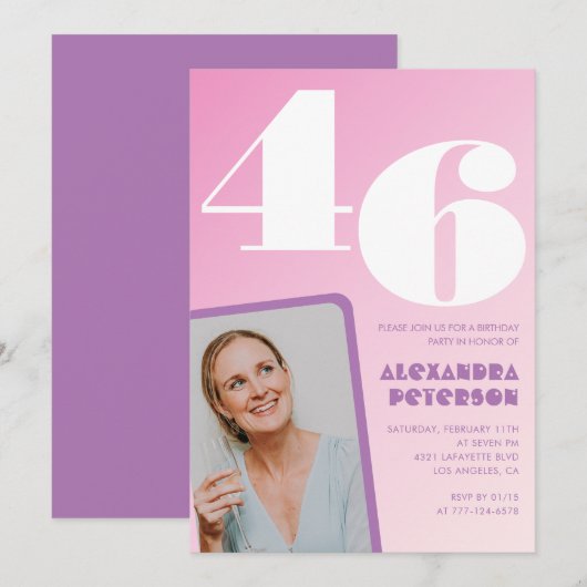 Roze groovy uitnodigingen voor 46e verjaardag Retr (Voorkant / Achterkant)