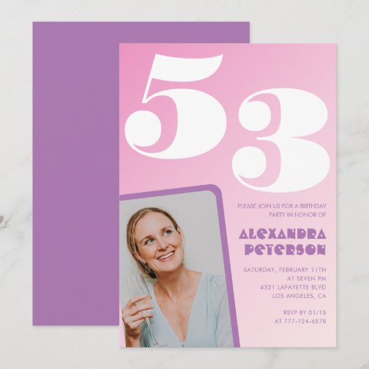 Roze groovy uitnodigingen voor 53ste verjaardag Re (Voorkant / Achterkant)