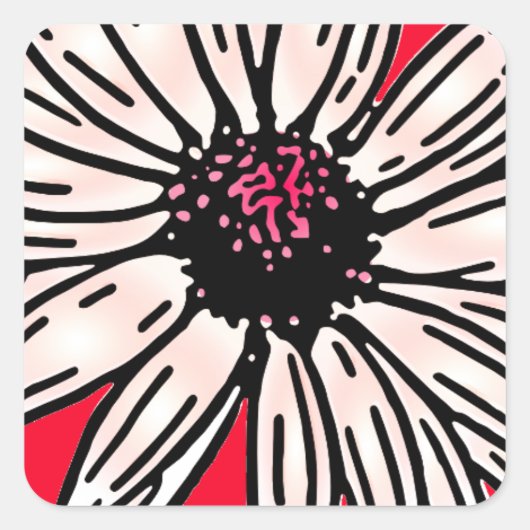  roze grote dagbloem op rood vierkante sticker (Voorkant)