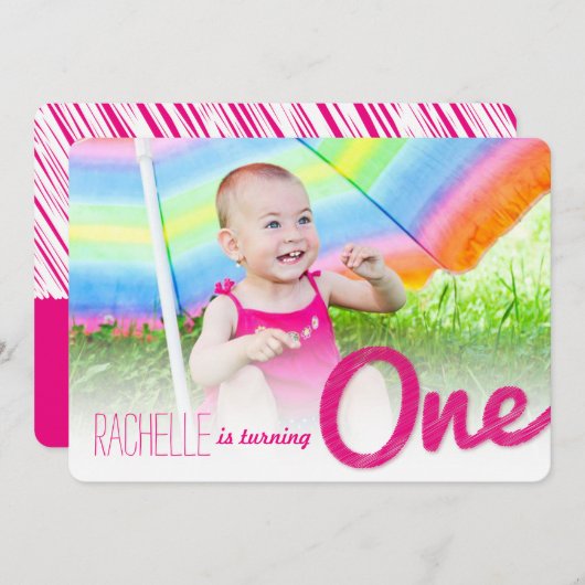 Roze Grote Schets Een Baby Meisje's 1e Verjaardags Kaart (Voorkant / Achterkant)