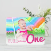 Roze Grote Schets Een Baby Meisje's 1e Verjaardags Kaart (Staand voorkant)