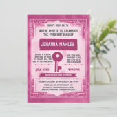 Roze Grunge Escape Room Key Verjaardagsfeestje Inv Kaart (Staand voorkant)