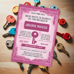 Roze Grunge Escape Room Key Verjaardagsfeestje Inv Kaart