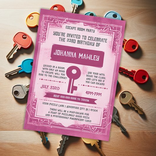 Roze Grunge Escape Room Key Verjaardagsfeestje Inv Kaart