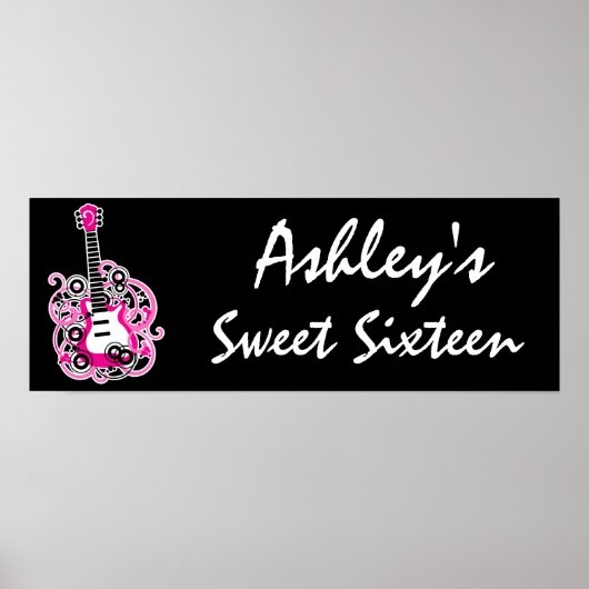 Roze Guitar Rock Star Sweet 16 Banner Poster (Voorkant)