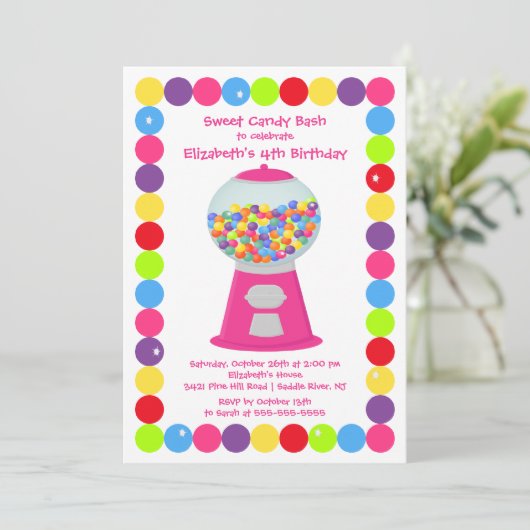 Roze Gumballs Snoep Bash Birthday Party Invitation Kaart (Staand voorkant)