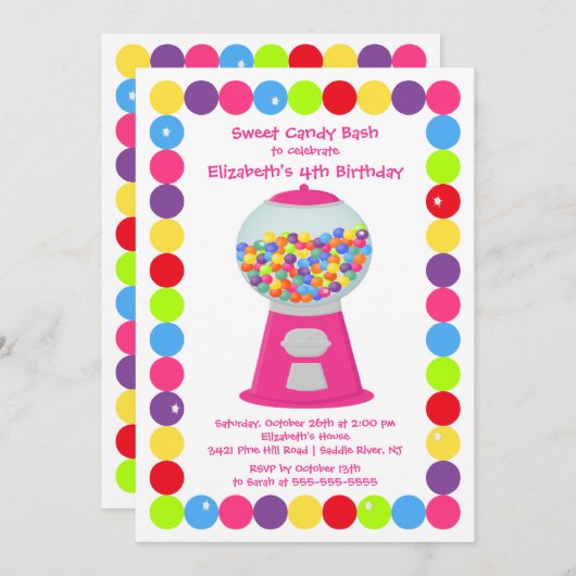 Roze Gumballs Snoep Bash Birthday Party Invitation Kaart (Voorkant / Achterkant)