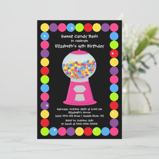 Roze Gumballs Snoep Birthday Party Invitation Kaart (Staand voorkant)