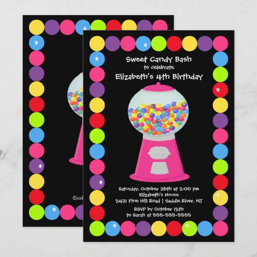 Roze Gumballs Snoep Birthday Party Invitation Kaart (Voorkant / Achterkant)