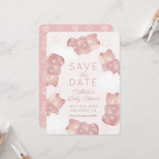 Roze Gummy Bear Babyshower Save the Date Kaart (Voorkant / Achterkant in situ)