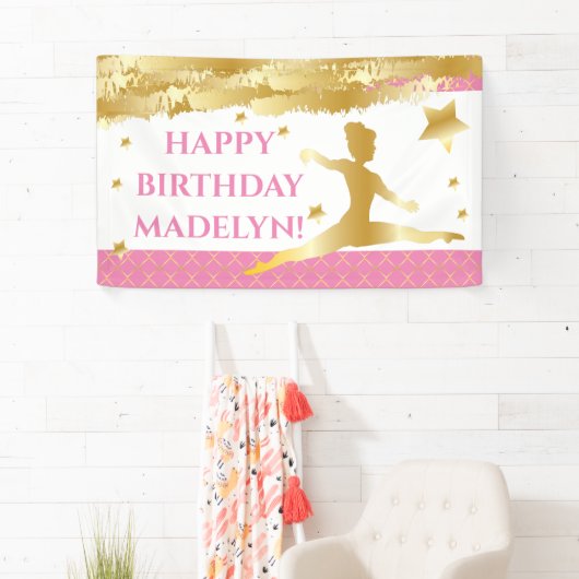 Roze Gymnast Gymnastiek Gelukkig Verjaardagsmeisje Spandoek (Insitu)