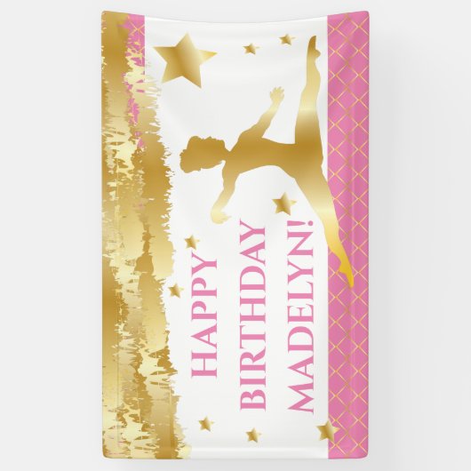 Roze Gymnast Gymnastiek Gelukkig Verjaardagsmeisje Spandoek (Verticaal)