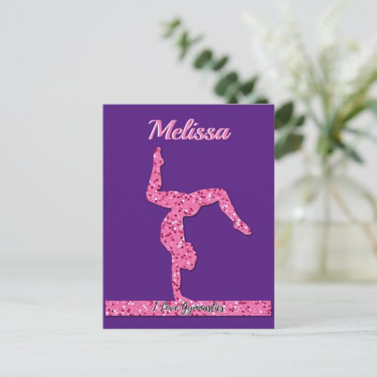 Roze Gymnastiek Meisje Sparkle Balance Beam Briefkaart (Staand voorkant)