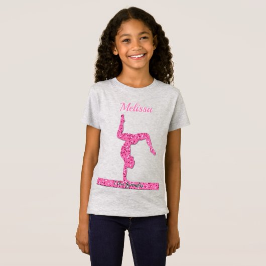Roze Gymnastiek Meisje Sparkle Balance Beam T-shirt (Voorkant volledig)