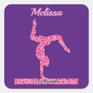 Roze Gymnastiek Meisje Sparkle Balance Beam Vierkante Sticker