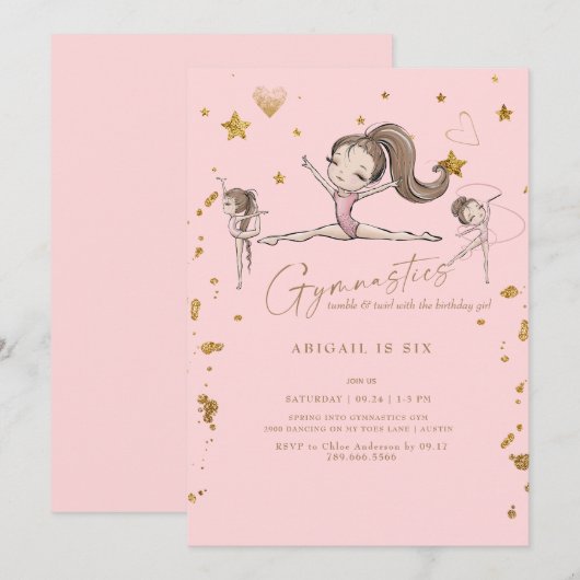 Roze Gymnastiek Tumble & Twirl Verjaardagsfeest Kaart (Voorkant / Achterkant)