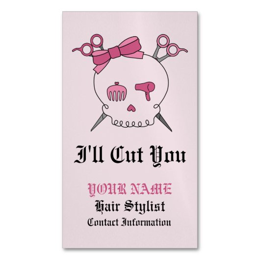 Roze Haar Accessoire Schedel -Schaar Crossbones #6 Magnetisch Visitekaartje (Voorkant Verticaal)