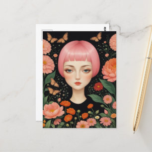Roze haar en bloemen briefkaart