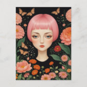 Roze haar en bloemen briefkaart (Voorkant)