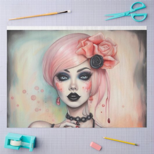 Roze Haar Gothic Meisje Halloween Decoupage Papier (Craft)