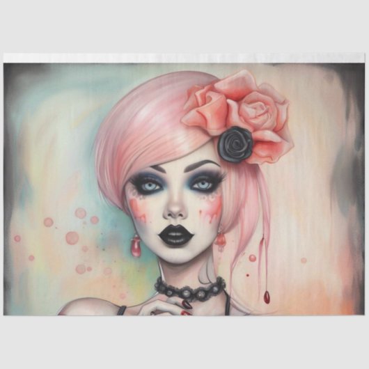 Roze Haar Gothic Meisje Halloween Decoupage Papier (Voorkant)